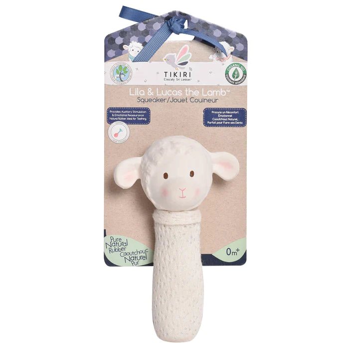 tikiri - Bahbah the Lamb Baby Squeaker with Organic Natural Rubber Teether Head