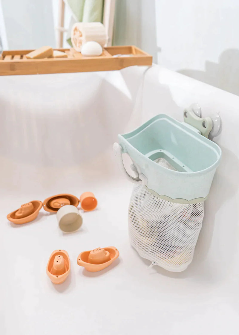 Ensemble de rangement pour jouets de bain avec gobelets et bateaux empilables