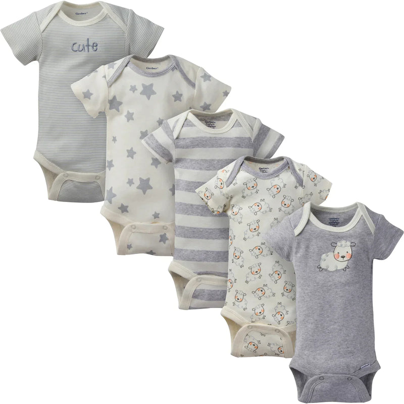 Lot de 5 grenouillères à manches courtes pour bébé en coton biologique à motif mouton neutre